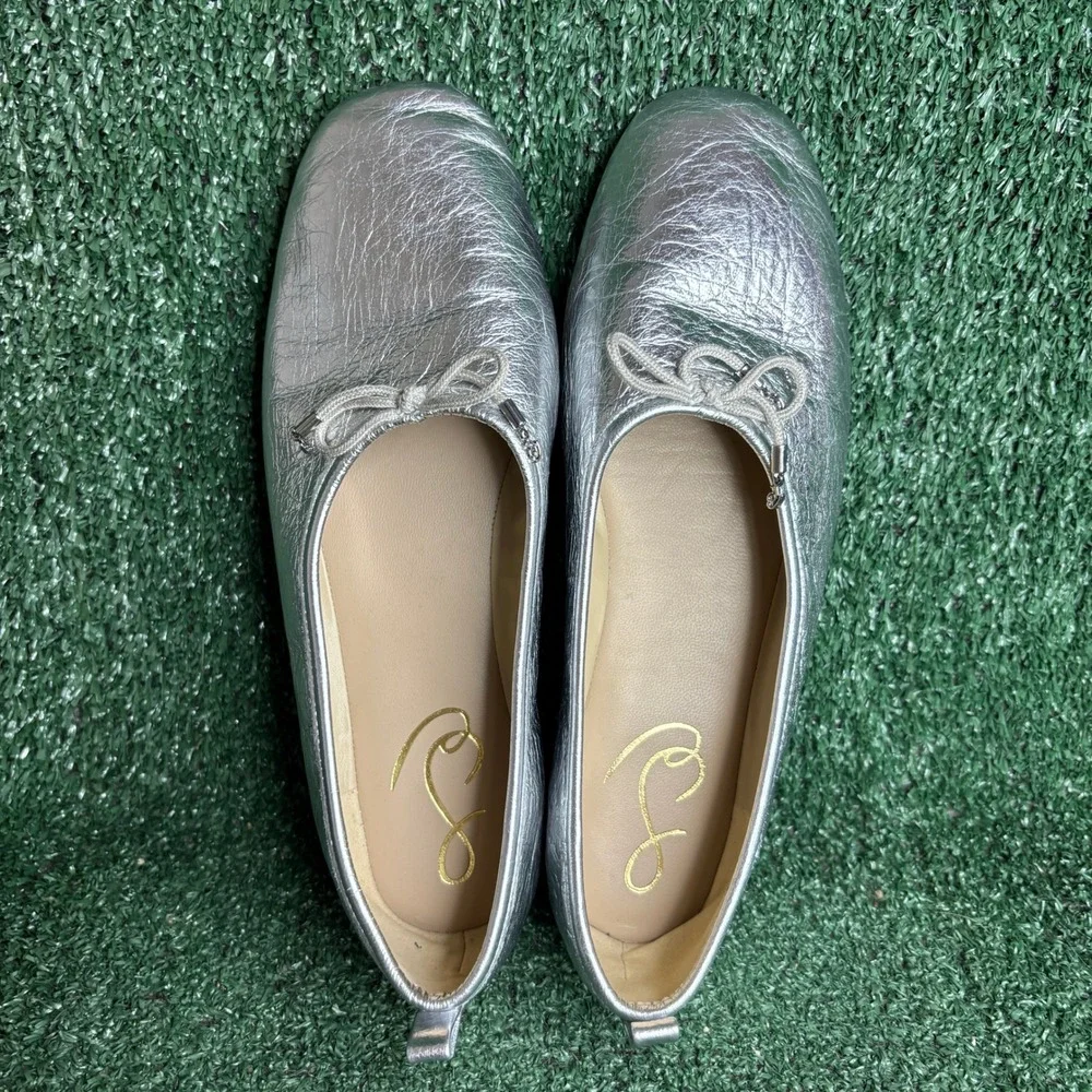 Sam Edelman Ari Bow Metallic Leather Ballet Chic Flat Shoes Silver Womens Sz 9 M
